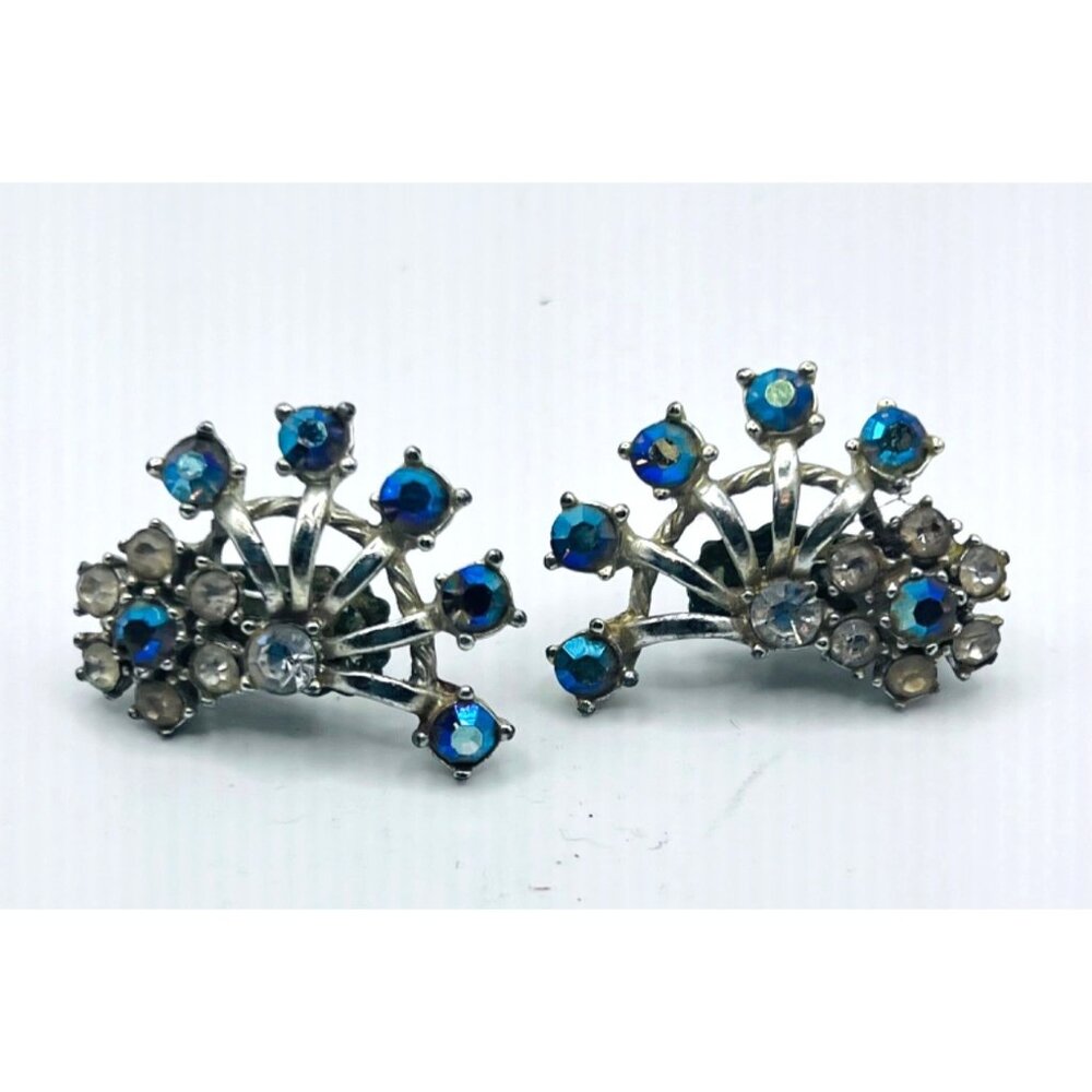 Vintage clamp on earrings with  blue and clear stones